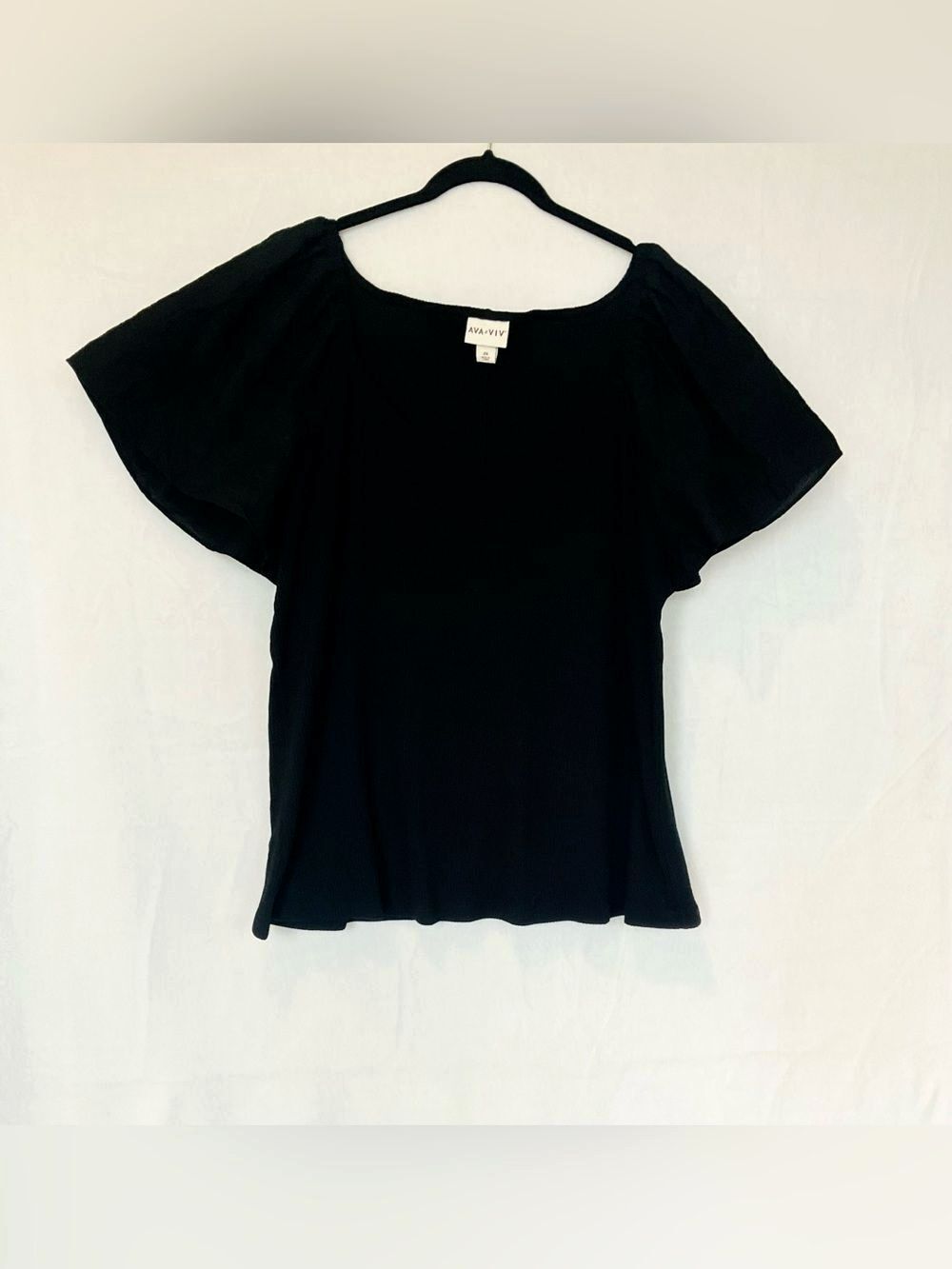 Ava & Viv Boho Flutter Sleeve Ribbed Top 2X Cotton Blend Black Minimalist